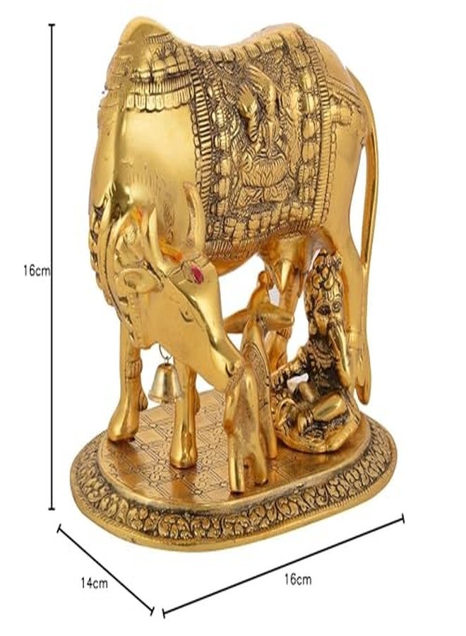 CHHARIYA CRAFTS Oxidized Metal Krishna with Religious Kamdhenu Cow with Calf Handmade Handicraft for Home Decor Gift Item, Gold - Image 5